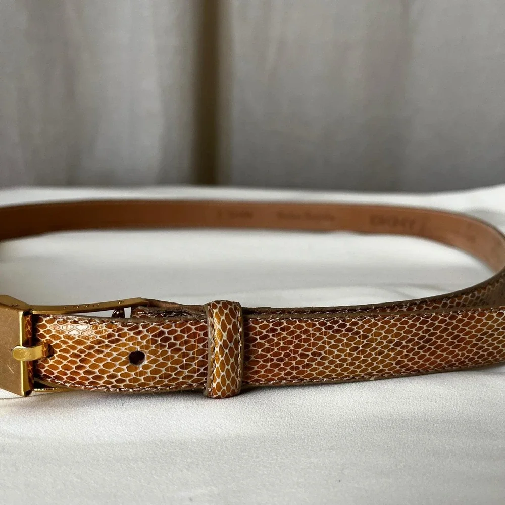 DKNY Italian Calfskin Snakeskin Belt XL Tan‎ Minimal Gold Buckle